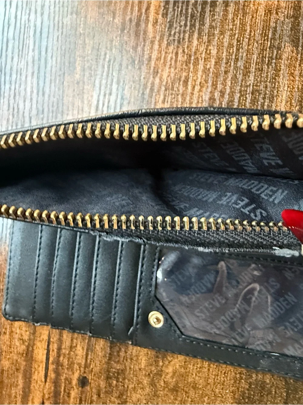 Steve Madden Black Wallet with Gold Logo Plaque